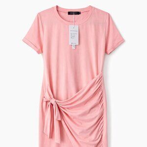 MEROKEETY Blush Pink Ruched Tie Midi Dress Size M NWT